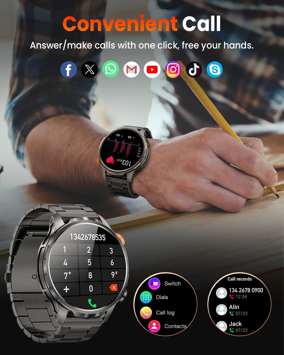 Smart Watches for Men, Military Smart Watch with 100 Days Battery/Flashlight/Heart Rate/Sleep/SpO2 Monitor/Call/110+ Sports Mode, 5 ATM Rugged Men's Fitness Tracker Watch for Android iPhone Compatible