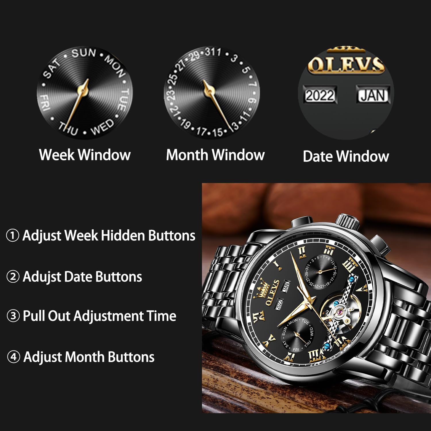 OLEVS Watch Men Skeleton Watch Self Winding Automatic Luxury Mechanical All Black Watches for Men Chronograph Wrist Watch Skeleton Sports Dress Analog Mens Watches Big Face Stainless Steel Relojes Automáticos Para Hombre Originales
