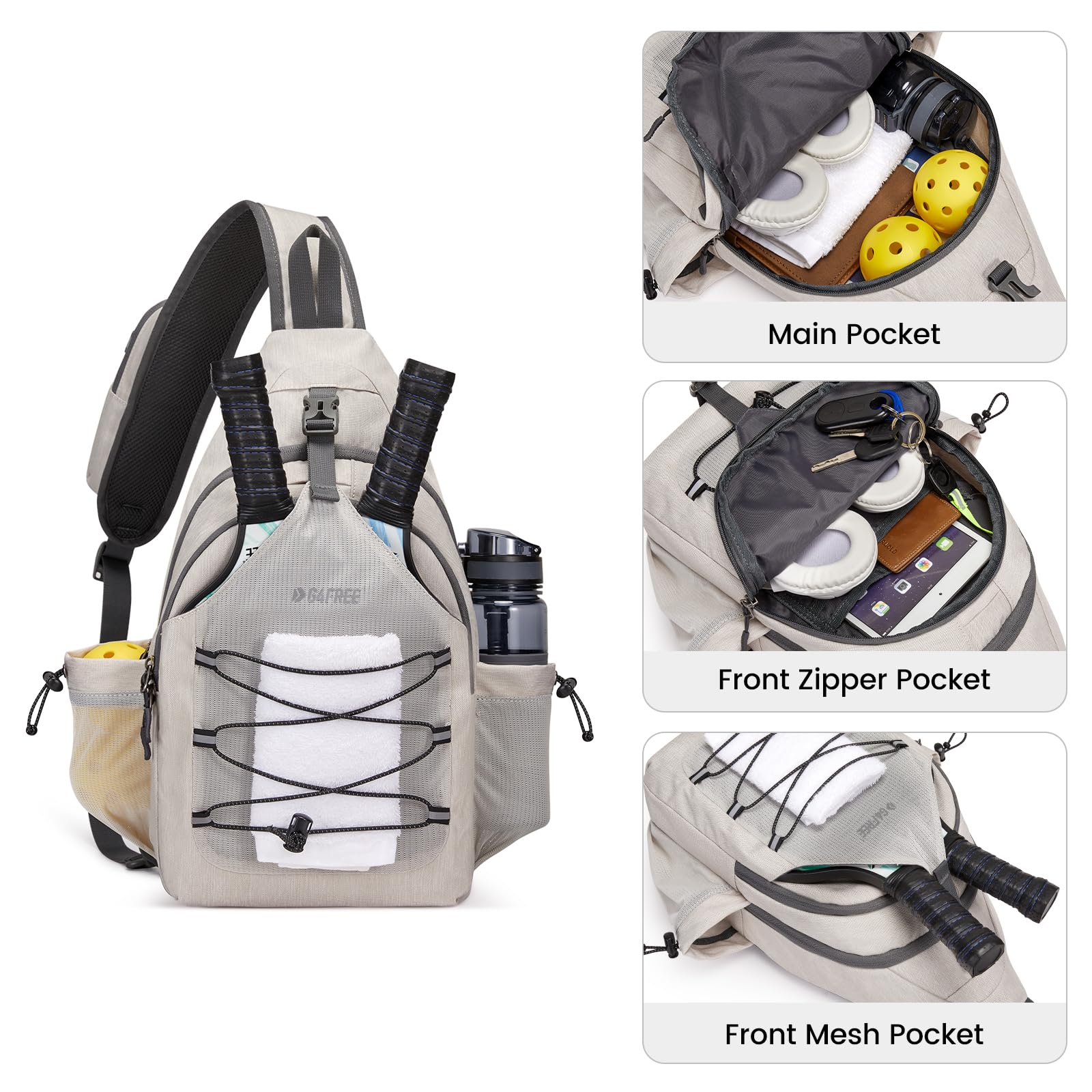 G4Free Pickleball Bag Sport Tennis Sling Bag Lightweight Pickleball Paddle Bag, Ivory, L