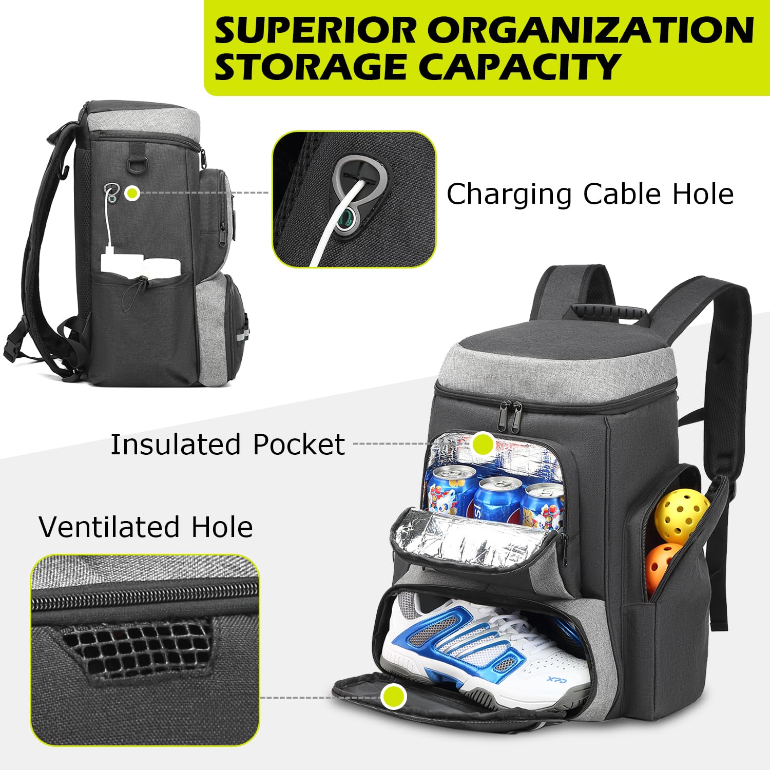 HAMBOLY Pickleball Bag for Men & Women, Large Pickleball Backpack with Shoes Compartment and Cooler, Fence Hook Design