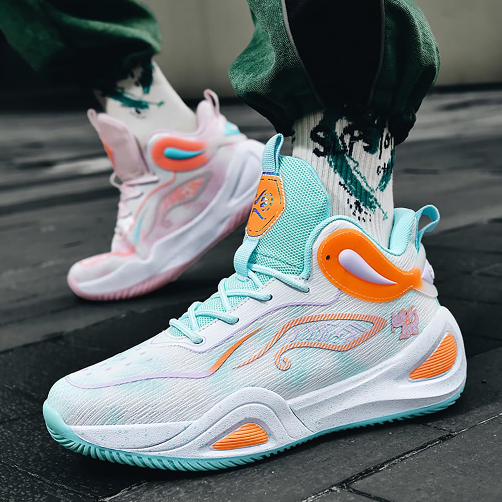KIUSMETY Womens Mens Basketball Shoes High Top Fashion Volleyball Sneakers Breathable Lace Up Non Slip Sport Outdoor Shoe for Unisex Greenpink Size 8