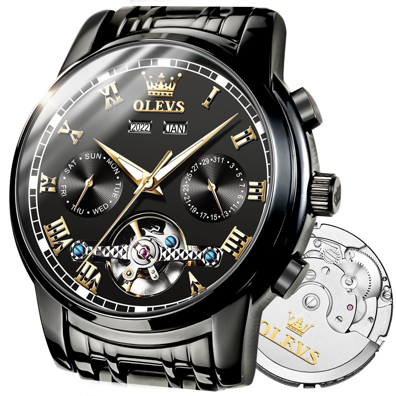 OLEVS Watch Men Skeleton Watch Self Winding Automatic Luxury Mechanical All Black Watches for Men Chronograph Wrist Watch Skeleton Sports Dress Analog Mens Watches Big Face Stainless Steel Relojes Automáticos Para Hombre Originales