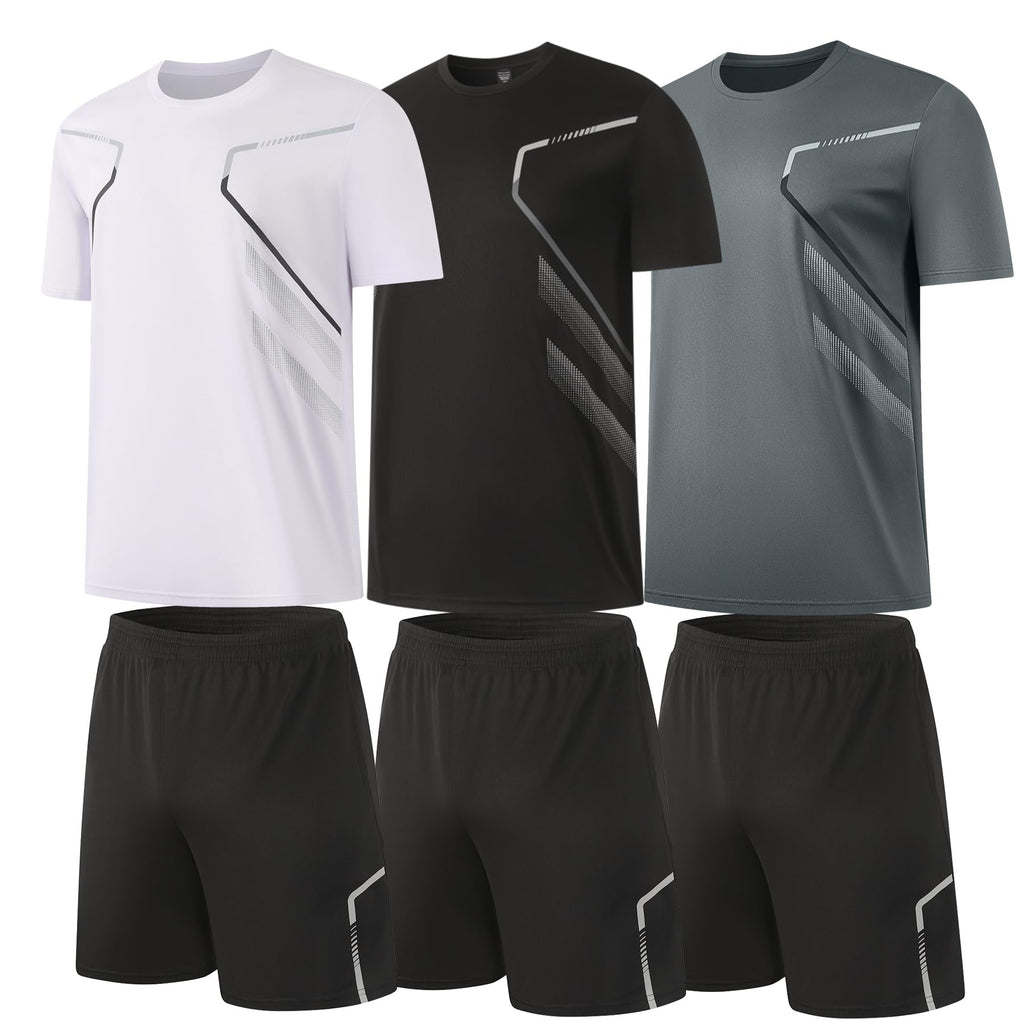 BUYJYA 3 Pack Men's Gym Shorts Shirt Set Workout Athletic Basketball Running Football Elastic Waist with Pocket Gifts
