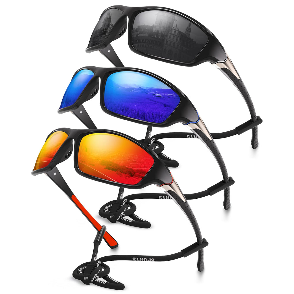 Foliful 3 Pack Polarized Sports Sunglasses for Men, Mens Sunglasses Wrap Around UV400 Protection for Cycling Fishing Driving