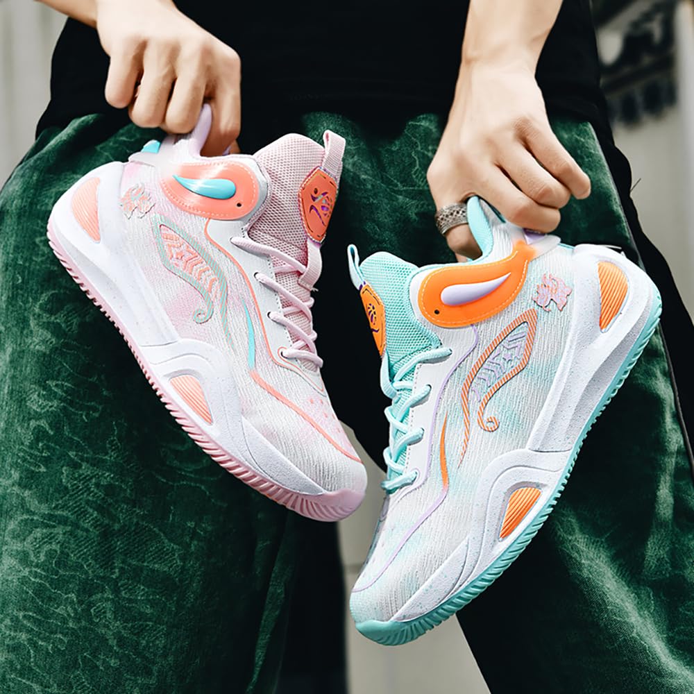 KIUSMETY Womens Mens Basketball Shoes High Top Fashion Volleyball Sneakers Breathable Lace Up Non Slip Sport Outdoor Shoe for Unisex Greenpink Size 8