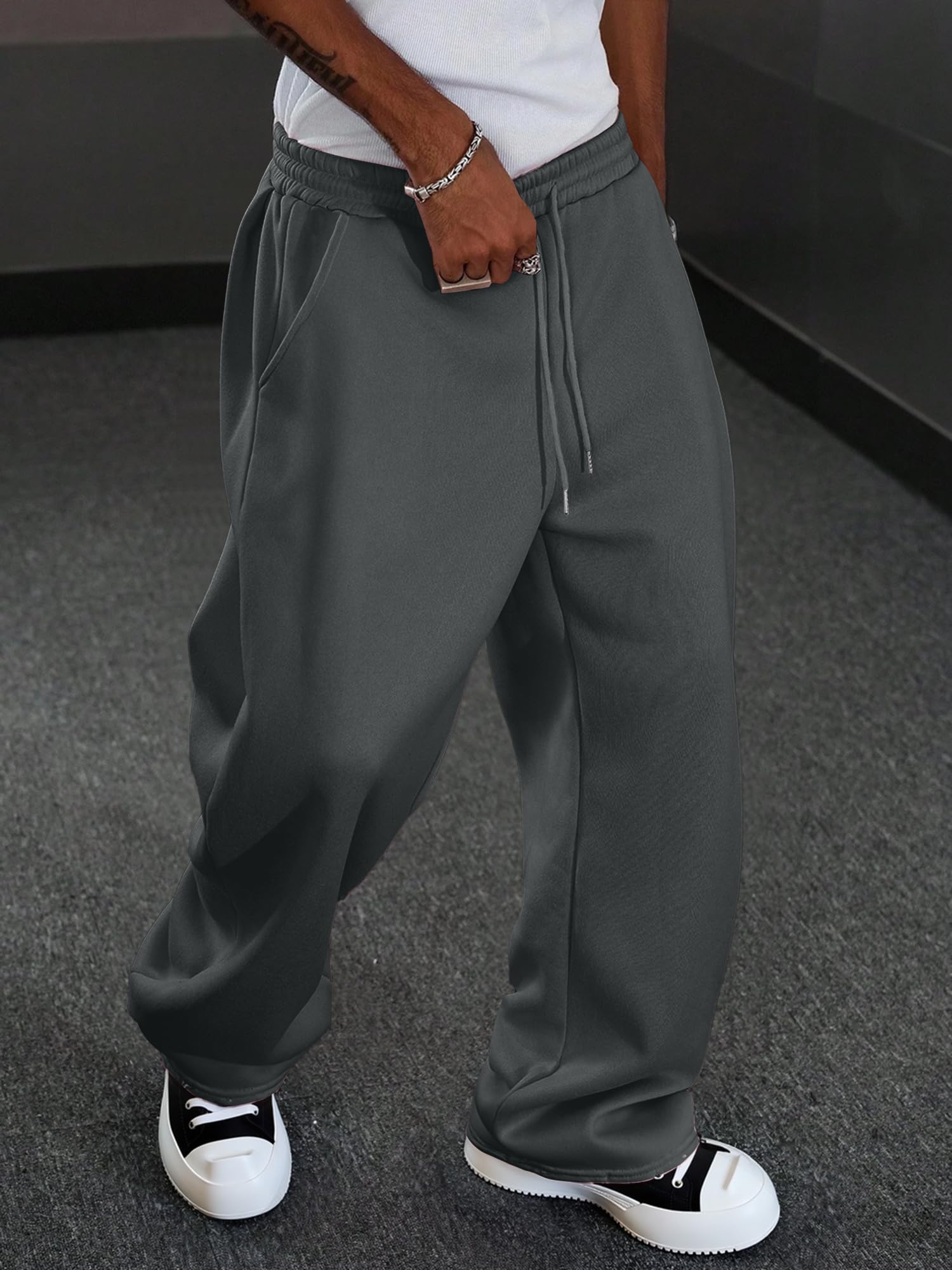 JMIERR Mens Baggy Sweatpants Drawstring Wide Leg Sweatpants with Pockets Mens Fashion Streetwear Colthing, XL, Dark Grey