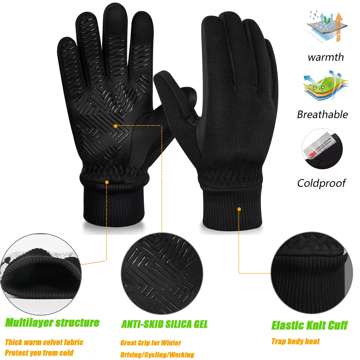 MOREOK Winter Gloves for Men/Women -10°F 3M Thinsulate Warm Touch Screen Snow Ski Bicycle Bike Gloves for Driving/Cycling/Running/Hiking-Black-XL