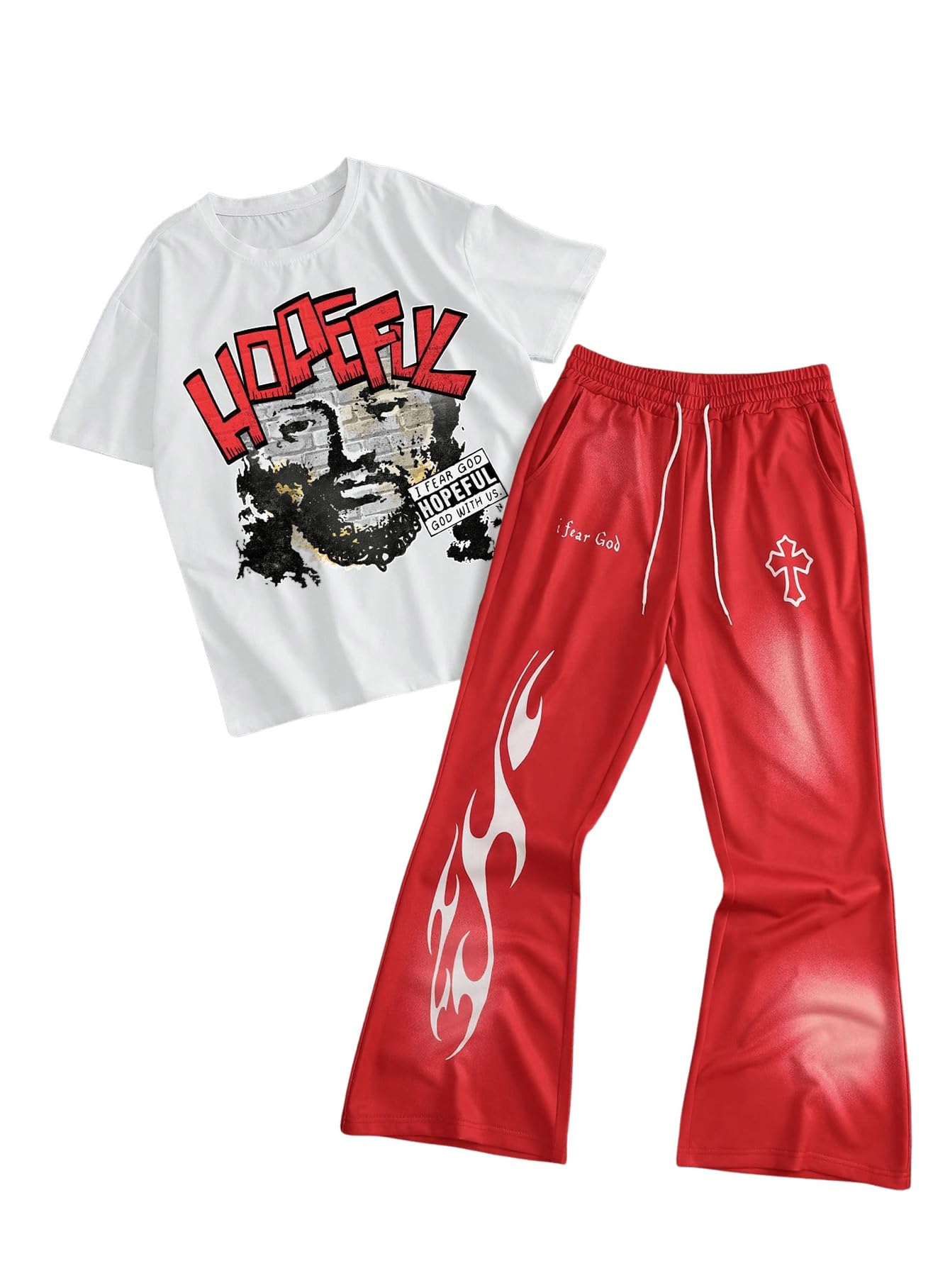VIPWOLF Men's 2 Piece Outfits Short Sleeve Letter Graphic Tees and Drawstring Flared Sweatpants Tracksuits Set White and Red X-Large