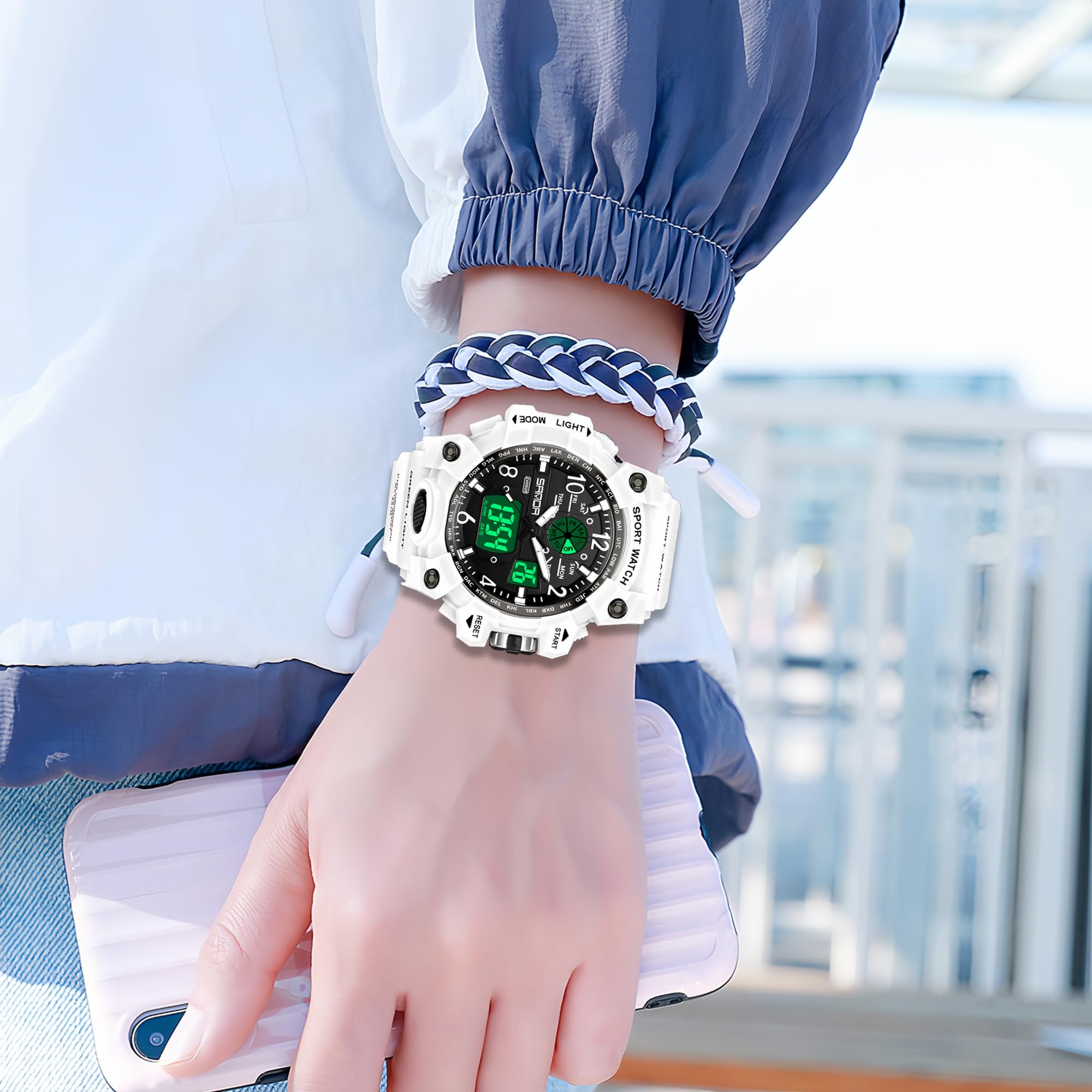 Gosasa Womens Digital Sports Watch 5ATM Waterproof Watch LED Light Large Face Analog Multifunctional Wrist Watches with Alarm Stopwatch Calendar Hourly Chime (White)