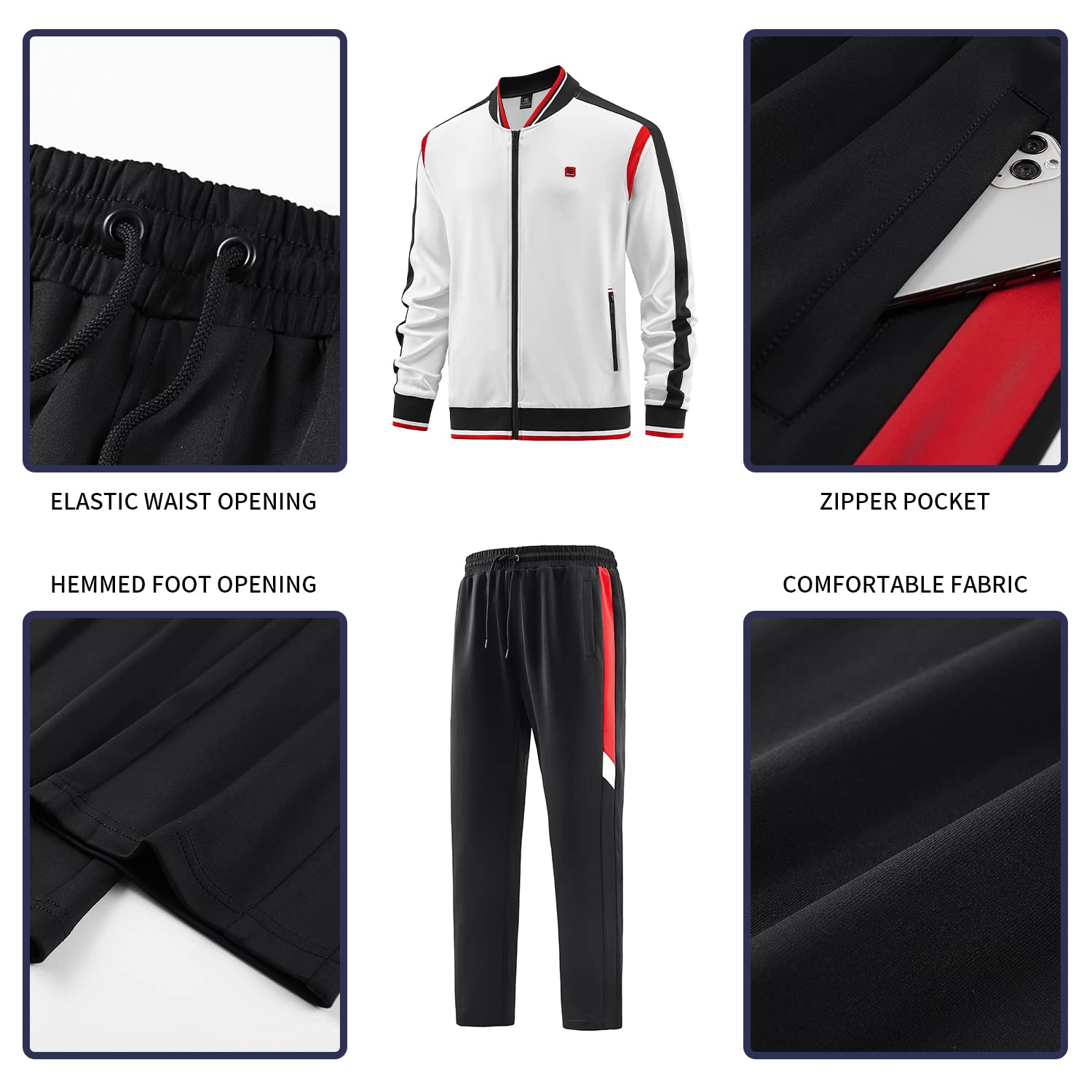W JIANWANG Mens Track Suits 2 Piece Tracksuits Sweatsuits Set Jogging Suit Fashion Casual Workout Running Sports Jacket and Pants Outfits White JW-140-L