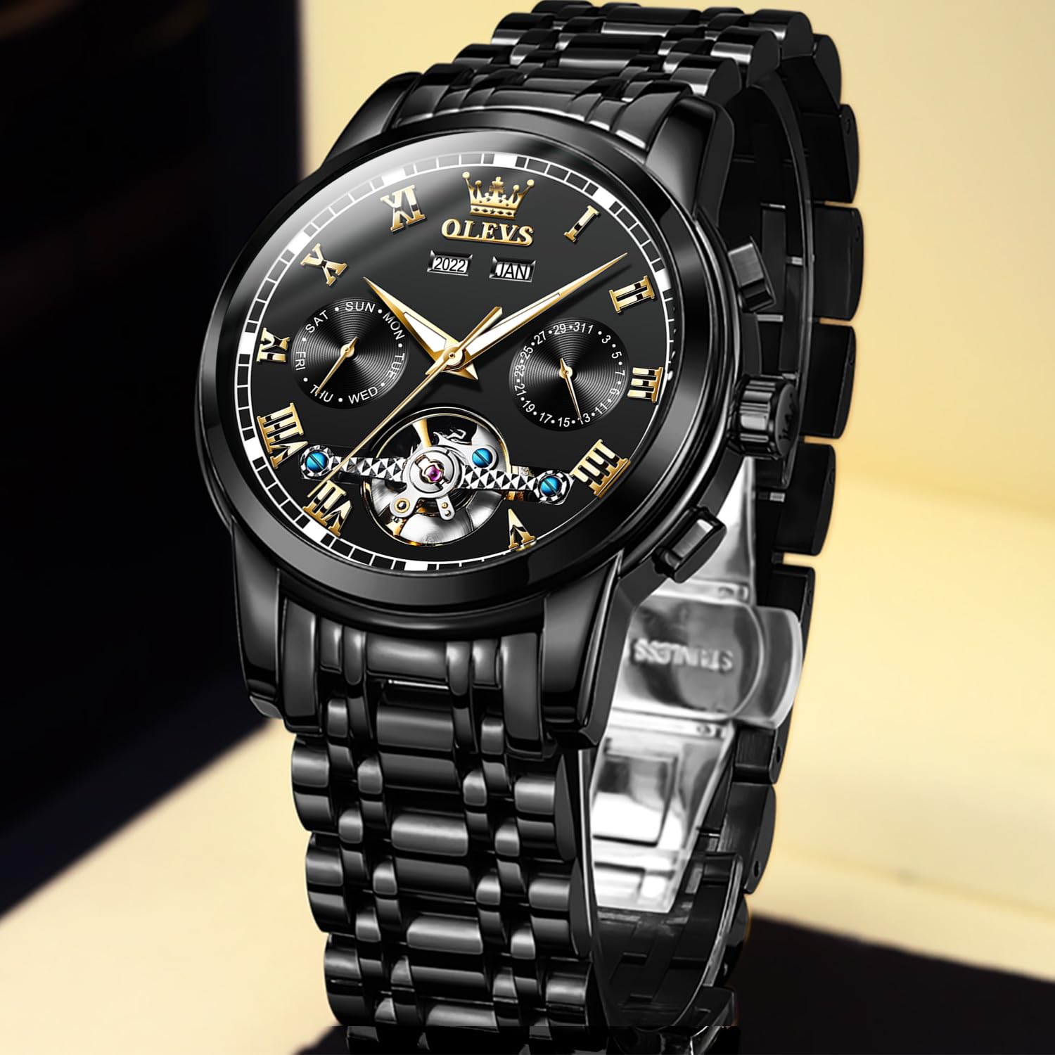 OLEVS Watch Men Skeleton Watch Self Winding Automatic Luxury Mechanical All Black Watches for Men Chronograph Wrist Watch Skeleton Sports Dress Analog Mens Watches Big Face Stainless Steel Relojes Automáticos Para Hombre Originales