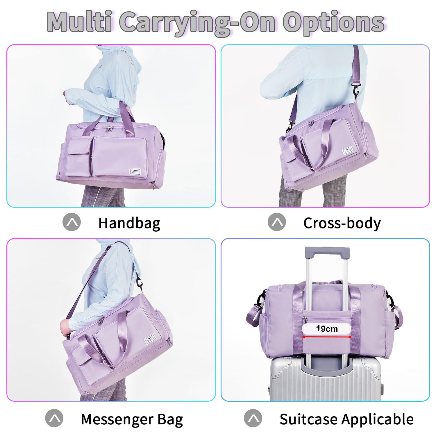 FIORETTO Women's Gym Duffle Bag with Shoes Compartment, 37L Capacity, Ideal for Travel, Gym, Sports, Duffel, Weekender, Lavender