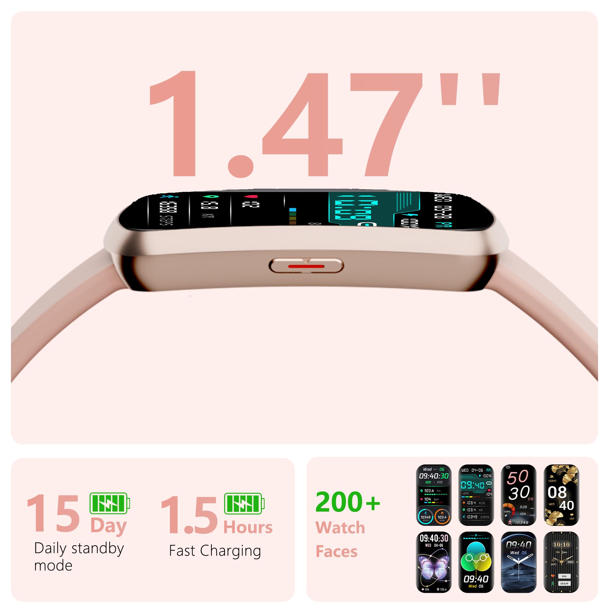 JYUAJOI Health Fitness Tracker, Smart Watch with 24/7 Heart Rate and Blood Pressure Monitor, Activity Tracker with Blood Oxygen, 120 Sport Mode Waterproof Sleep Tracker for Women Men (Pink)