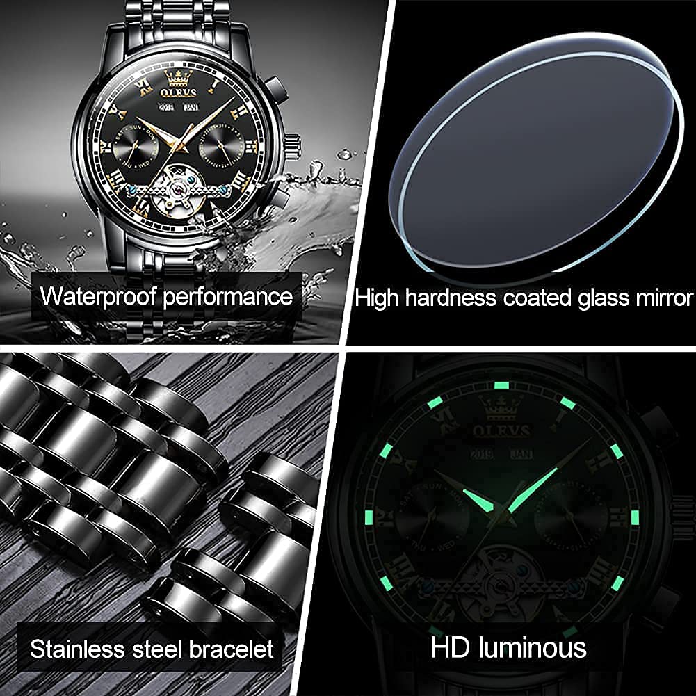 OLEVS Watch Men Skeleton Watch Self Winding Automatic Luxury Mechanical All Black Watches for Men Chronograph Wrist Watch Skeleton Sports Dress Analog Mens Watches Big Face Stainless Steel Relojes Automáticos Para Hombre Originales