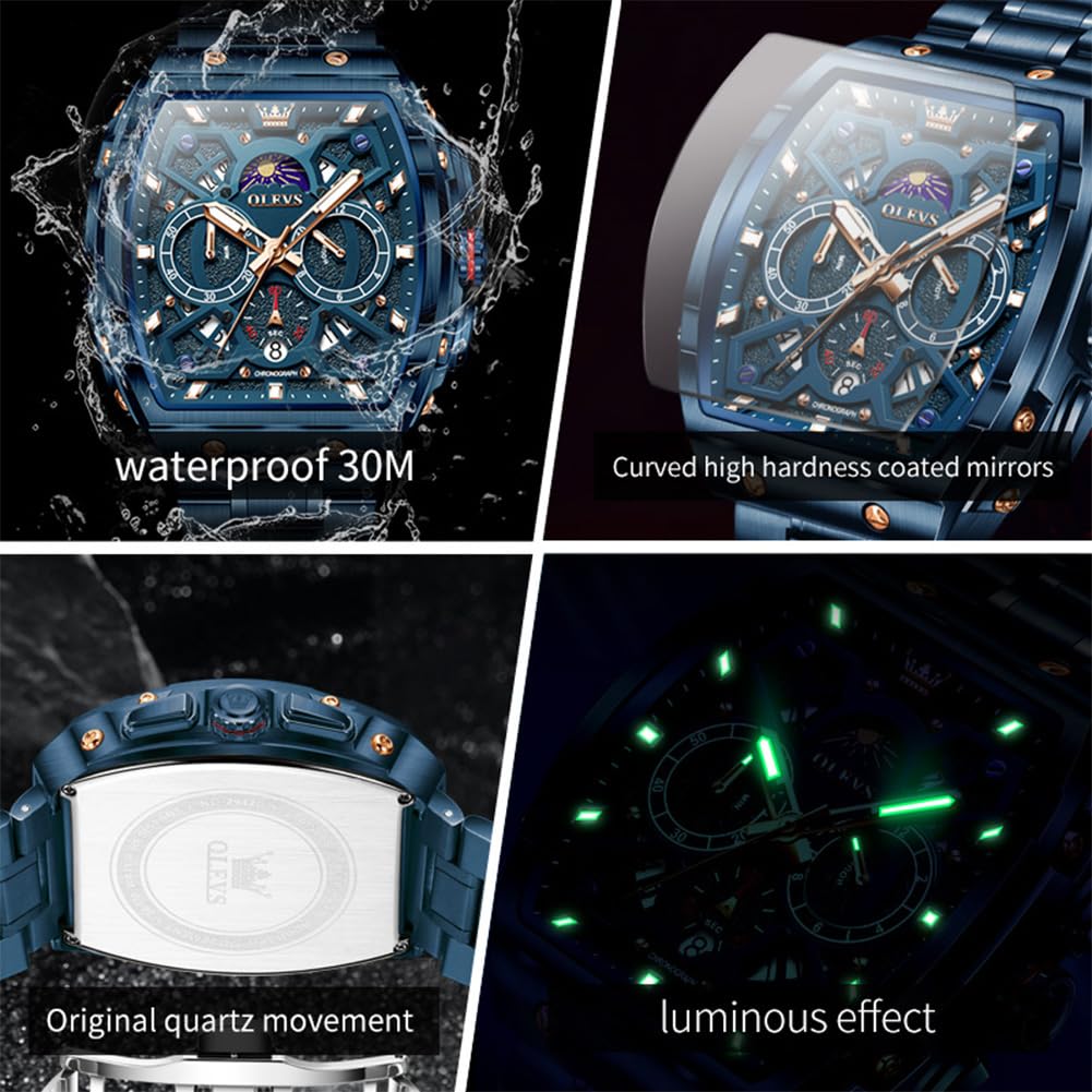 OLEVS Mens Watches Stylish Chronograph Waterproof Luminous Stainless Steel Multifunction Watches for Men Business Blue Men Wrist Watch
