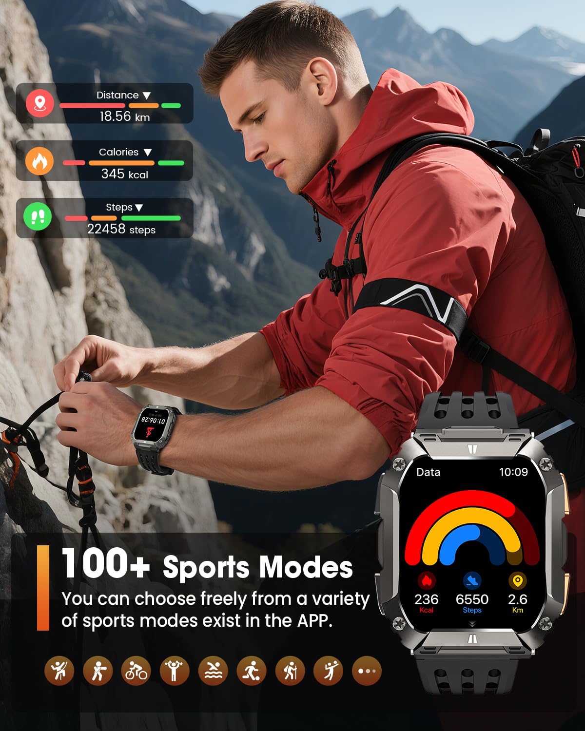 Military Smart Watches for Men, 1.95'' Smart Watch with 100 Days Battery/Flashlight, Fitness Tracker Watch with Heart Rate/Sleep Monitor/100+ Sports Mode,5 ATM Rugged Smartwatch for Android and iPhone