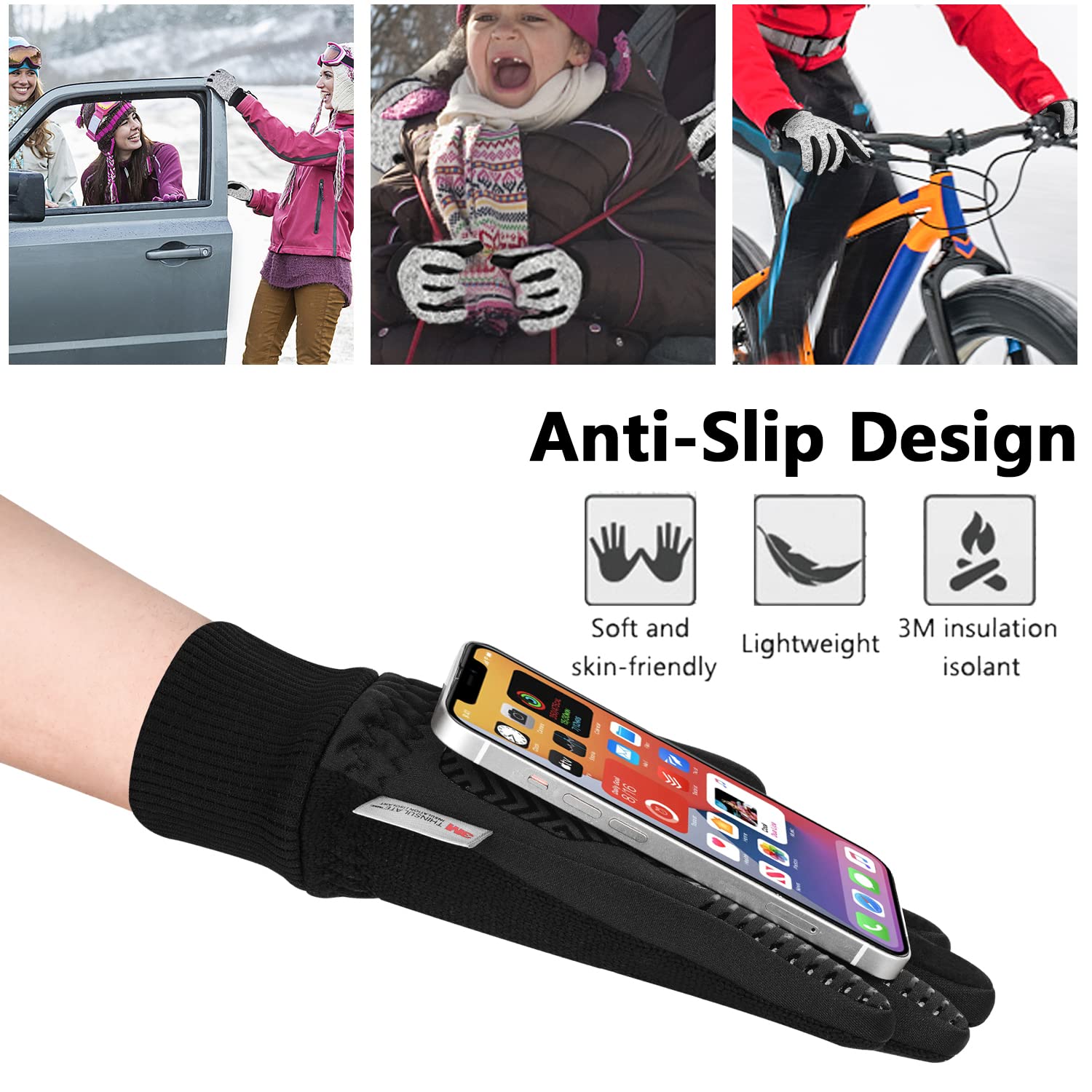 MOREOK Winter Gloves for Men/Women -10°F 3M Thinsulate Warm Touch Screen Snow Ski Bicycle Bike Gloves for Driving/Cycling/Running/Hiking-Black-XL