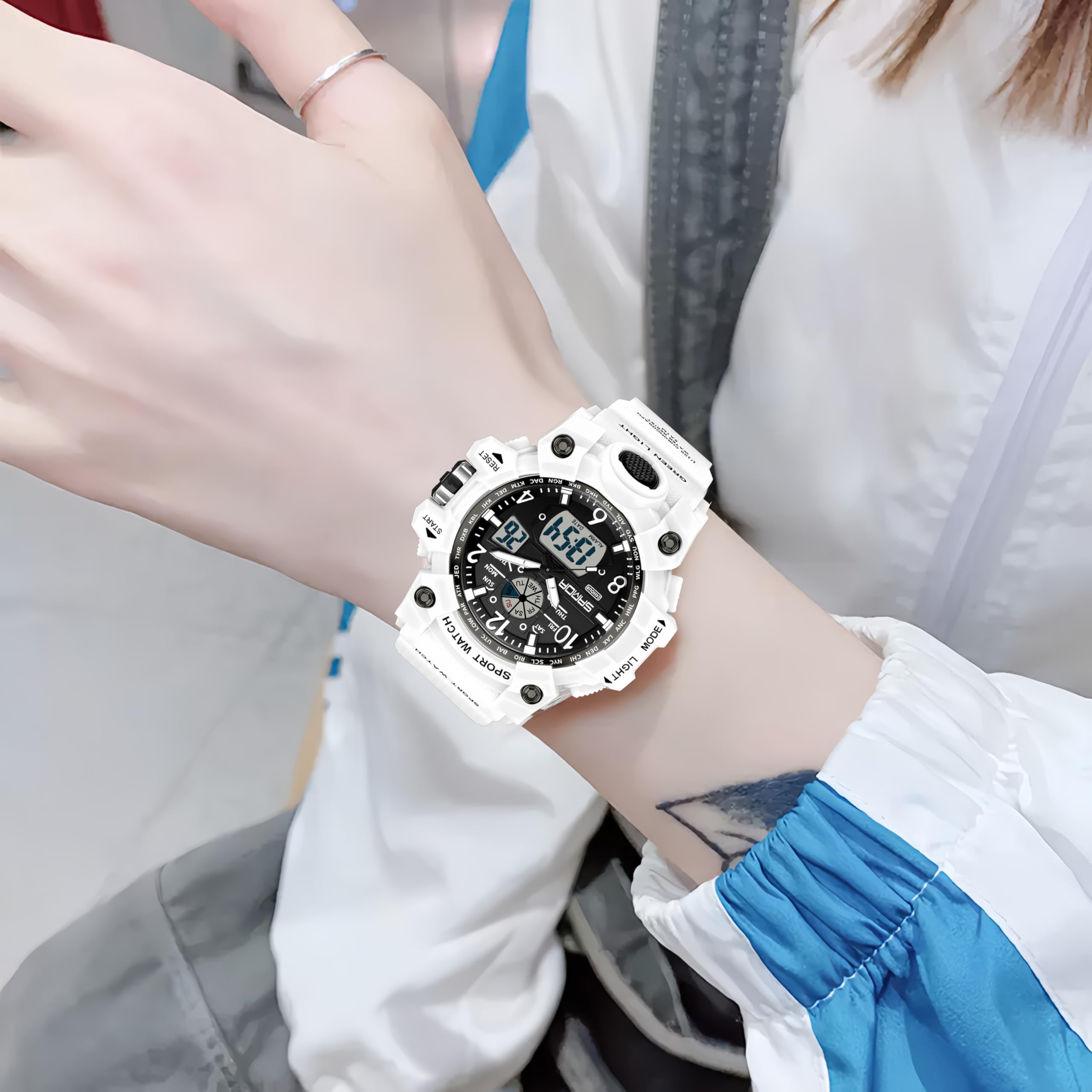 Gosasa Womens Digital Sports Watch 5ATM Waterproof Watch LED Light Large Face Analog Multifunctional Wrist Watches with Alarm Stopwatch Calendar Hourly Chime (White)