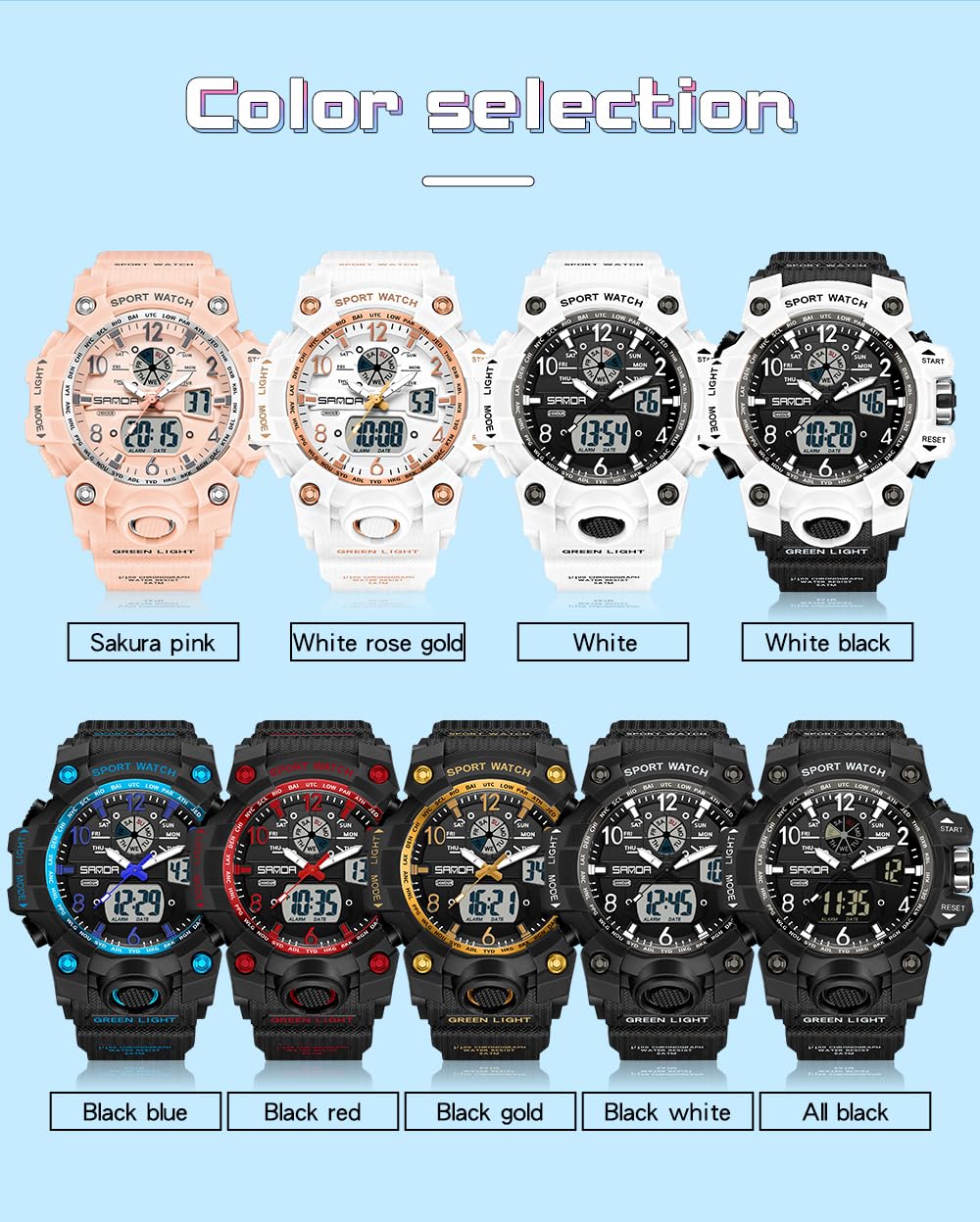 Gosasa Womens Digital Sports Watch 5ATM Waterproof Watch LED Light Large Face Analog Multifunctional Wrist Watches with Alarm Stopwatch Calendar Hourly Chime (White)