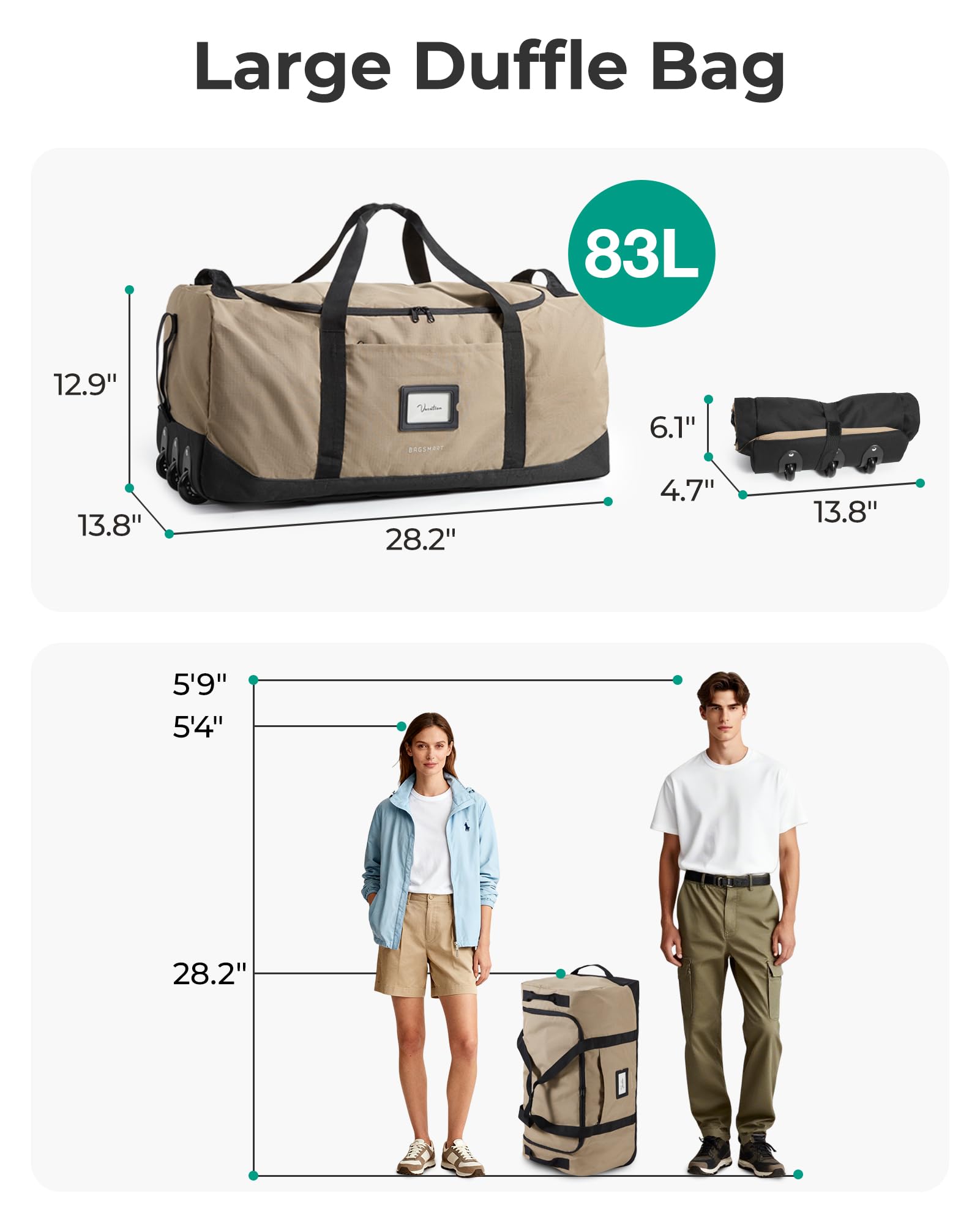 BAGSMART 83L Foldable Travel Bag, Large Duffle Bag for Travel, Weekender Duffel Luggage Bag for Sport College Camping, Water Resistant, Dark Gray