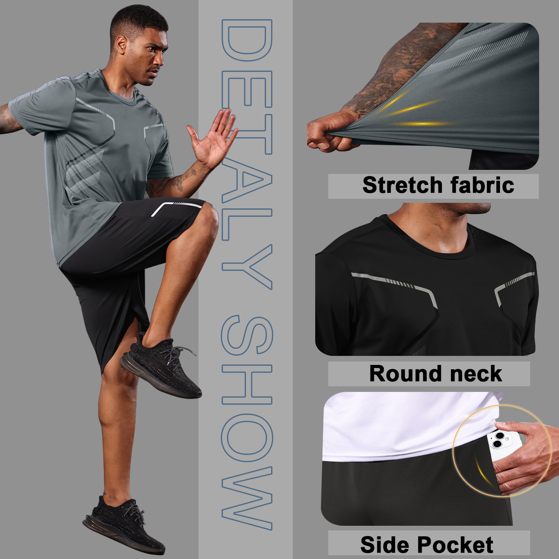 BUYJYA 3 Pack Men's Gym Shorts Shirt Set Workout Athletic Basketball Running Football Elastic Waist with Pocket Gifts