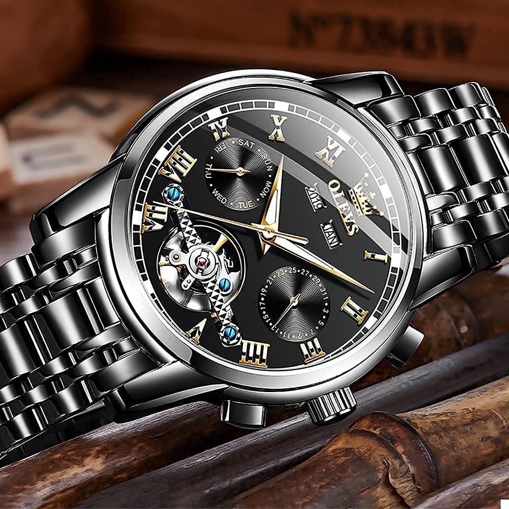 OLEVS Watch Men Skeleton Watch Self Winding Automatic Luxury Mechanical All Black Watches for Men Chronograph Wrist Watch Skeleton Sports Dress Analog Mens Watches Big Face Stainless Steel Relojes Automáticos Para Hombre Originales