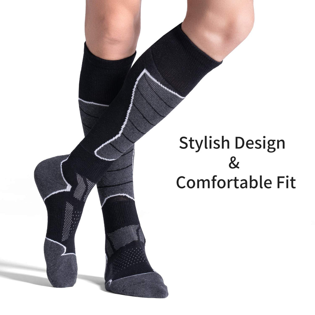 CS CELERSPORT Women's Merino Wool Ski Socks, 2 Pack Thermal Warm Winter Thick Knee High Snowboarding Skiing Socks, Black+Dark Grey, Medium
