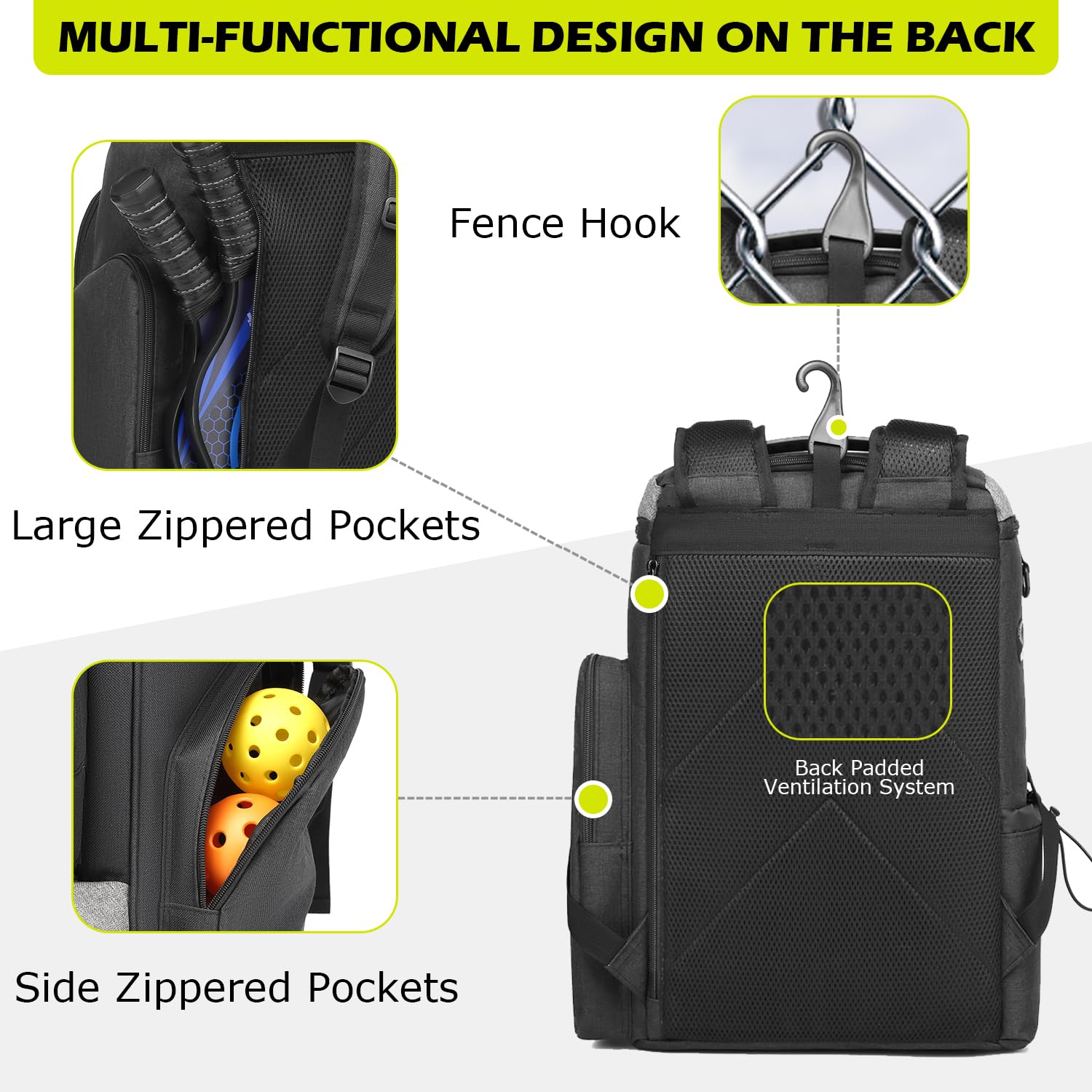 HAMBOLY Pickleball Bag for Men & Women, Large Pickleball Backpack with Shoes Compartment and Cooler, Fence Hook Design