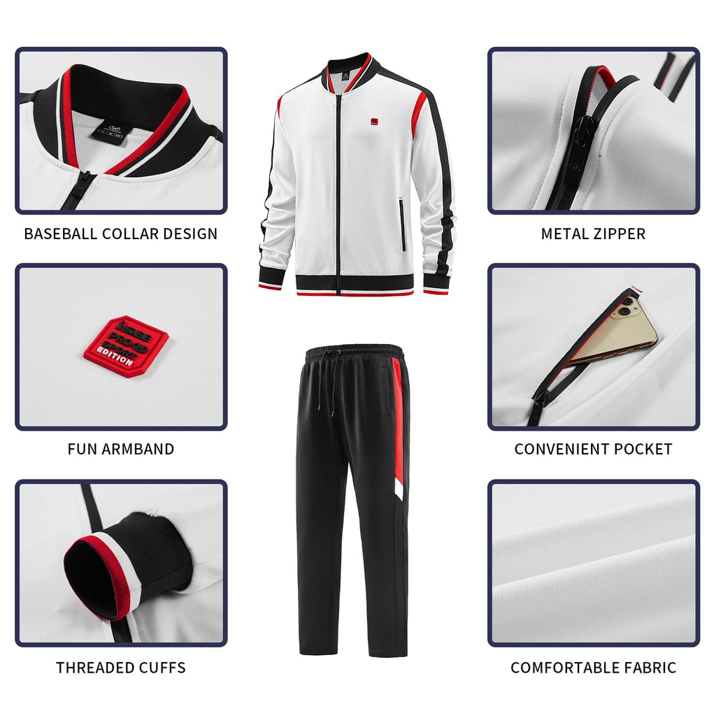 W JIANWANG Mens Track Suits 2 Piece Tracksuits Sweatsuits Set Jogging Suit Fashion Casual Workout Running Sports Jacket and Pants Outfits White JW-140-L