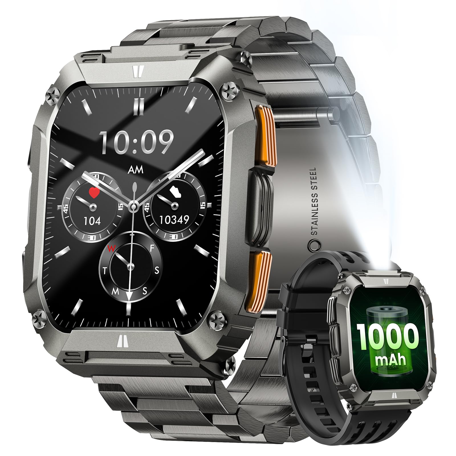 Military Smart Watches for Men, 1.95'' Smart Watch with 100 Days Battery/Flashlight, Fitness Tracker Watch with Heart Rate/Sleep Monitor/100+ Sports Mode,5 ATM Rugged Smartwatch for Android and iPhone