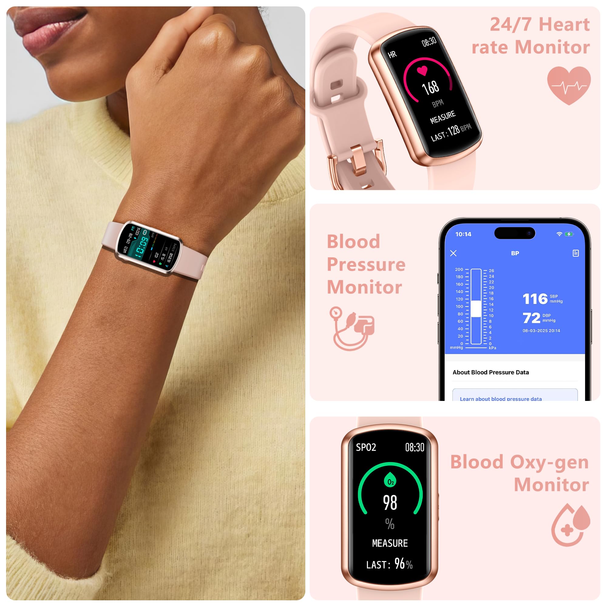 JYUAJOI Health Fitness Tracker, Smart Watch with 24/7 Heart Rate and Blood Pressure Monitor, Activity Tracker with Blood Oxygen, 120 Sport Mode Waterproof Sleep Tracker for Women Men (Pink)