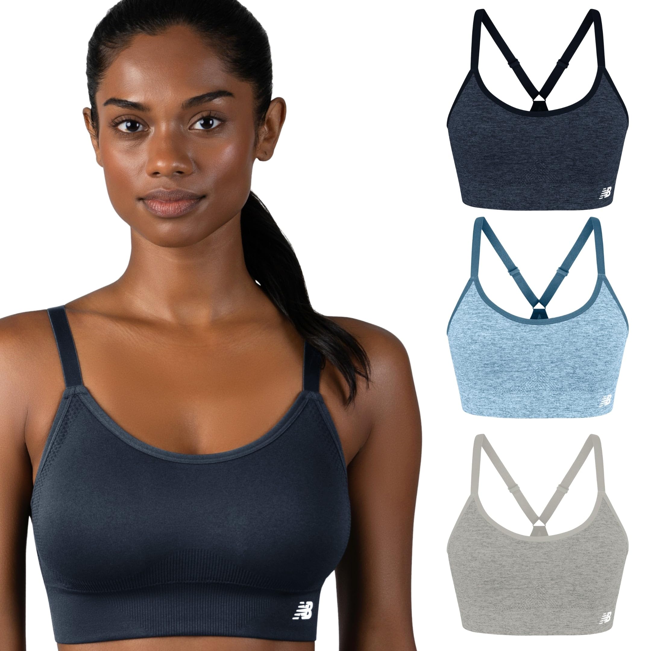 New Balance Women's Sports Bras 3 Pack, Seamless Cami Removable Pads, Medium Impact Gym Bra for Women, Multicolor Pack, L