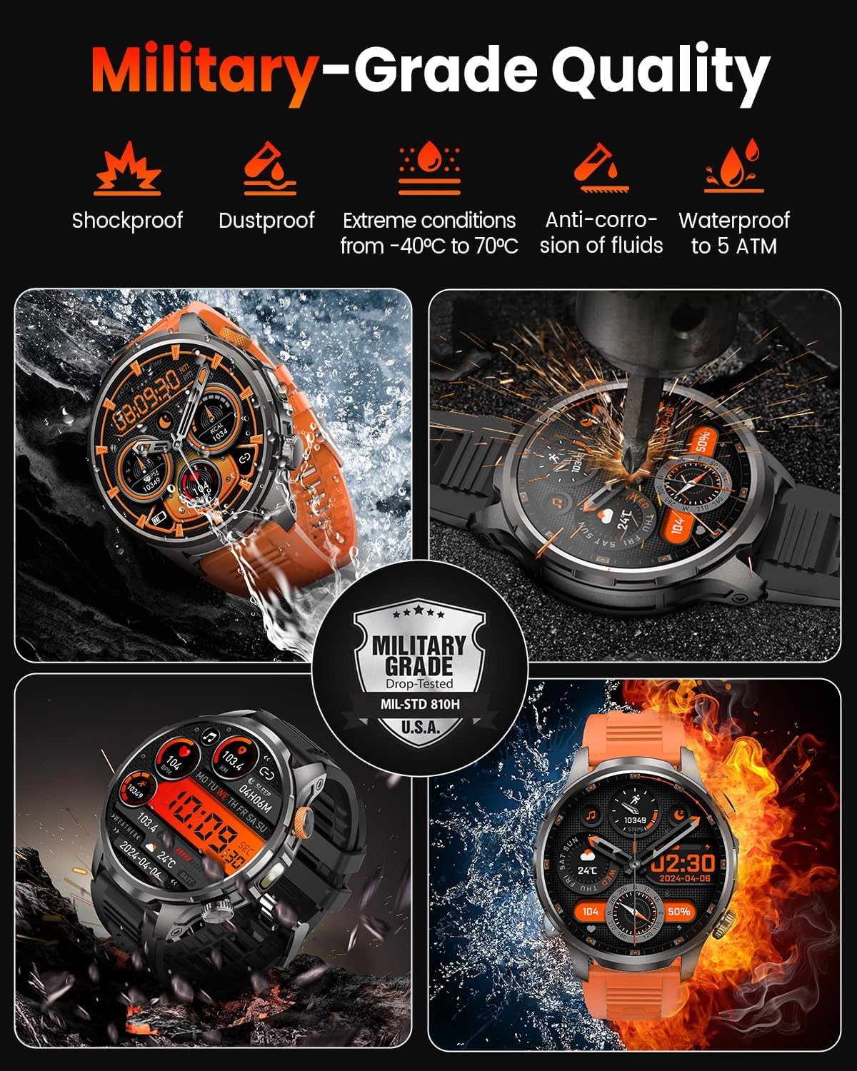 Military Smart Watches for Men, Smart Watch with 100 Days Battery/Flashlight/Heart Rate/Sleep/SpO2 Monitor/Calling/110+ Sports Mode, 5 ATM Rugged Men's Fitness Tracker Watch for Android iPhone(Black)