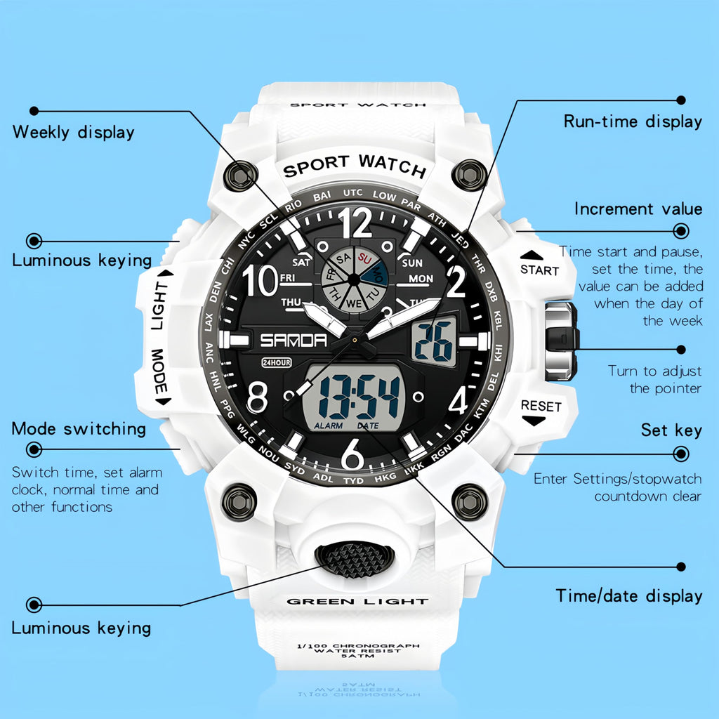 Gosasa Womens Digital Sports Watch 5ATM Waterproof Watch LED Light Large Face Analog Multifunctional Wrist Watches with Alarm Stopwatch Calendar Hourly Chime (White)