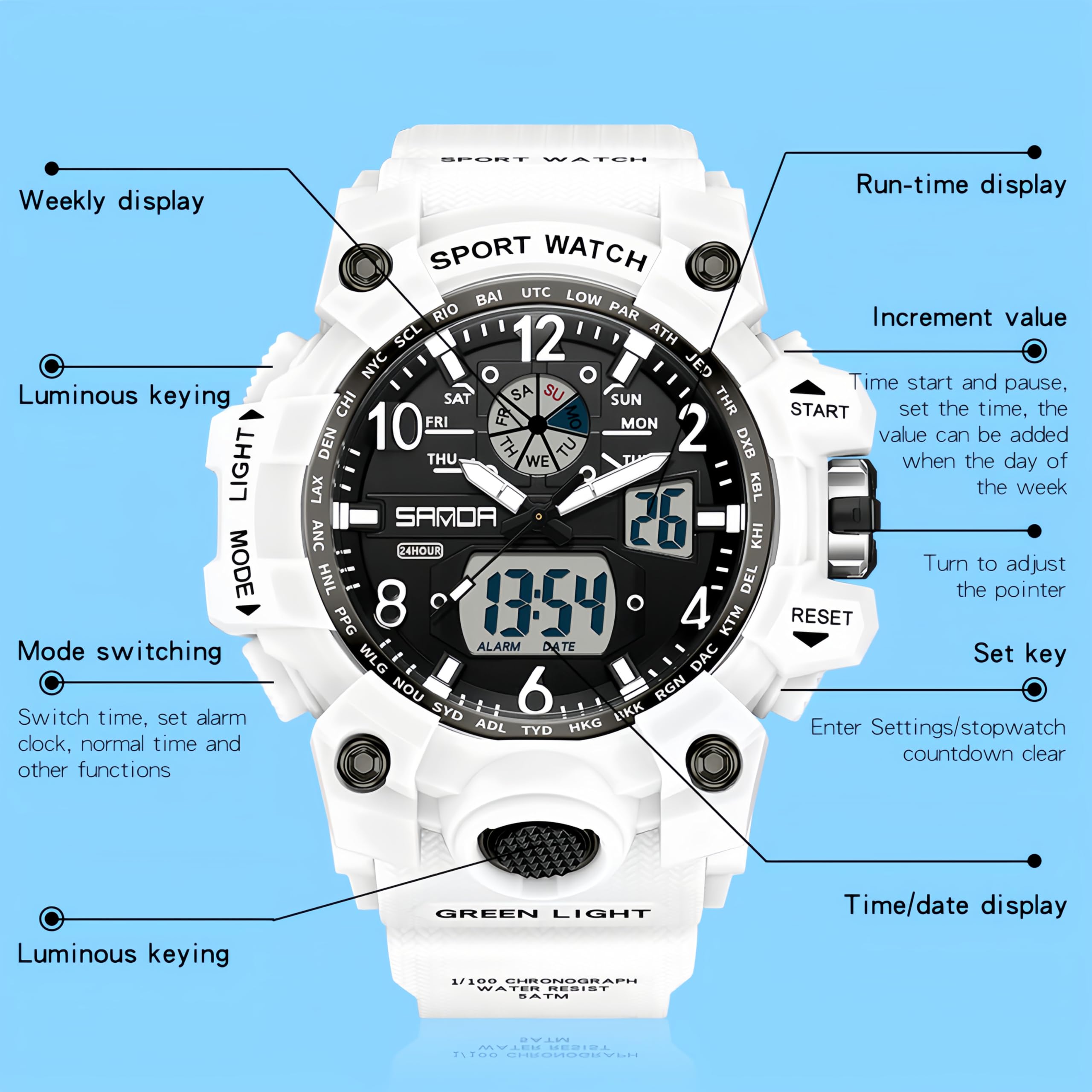 Gosasa Womens Digital Sports Watch 5ATM Waterproof Watch LED Light Large Face Analog Multifunctional Wrist Watches with Alarm Stopwatch Calendar Hourly Chime (White)