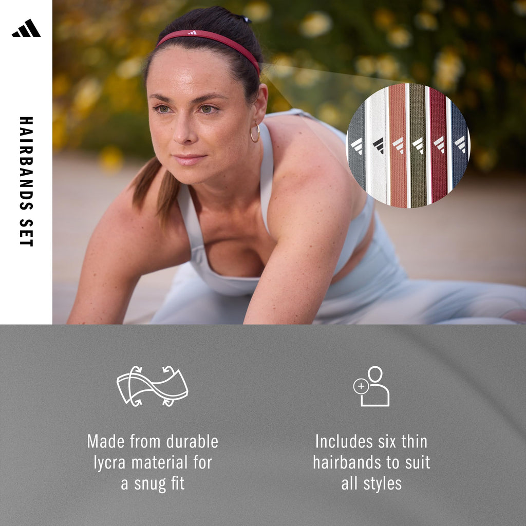 adidas Hairband Set - 6 Thin - Neutral Multi- Grey, White, Clay, Olive, Red, Navy