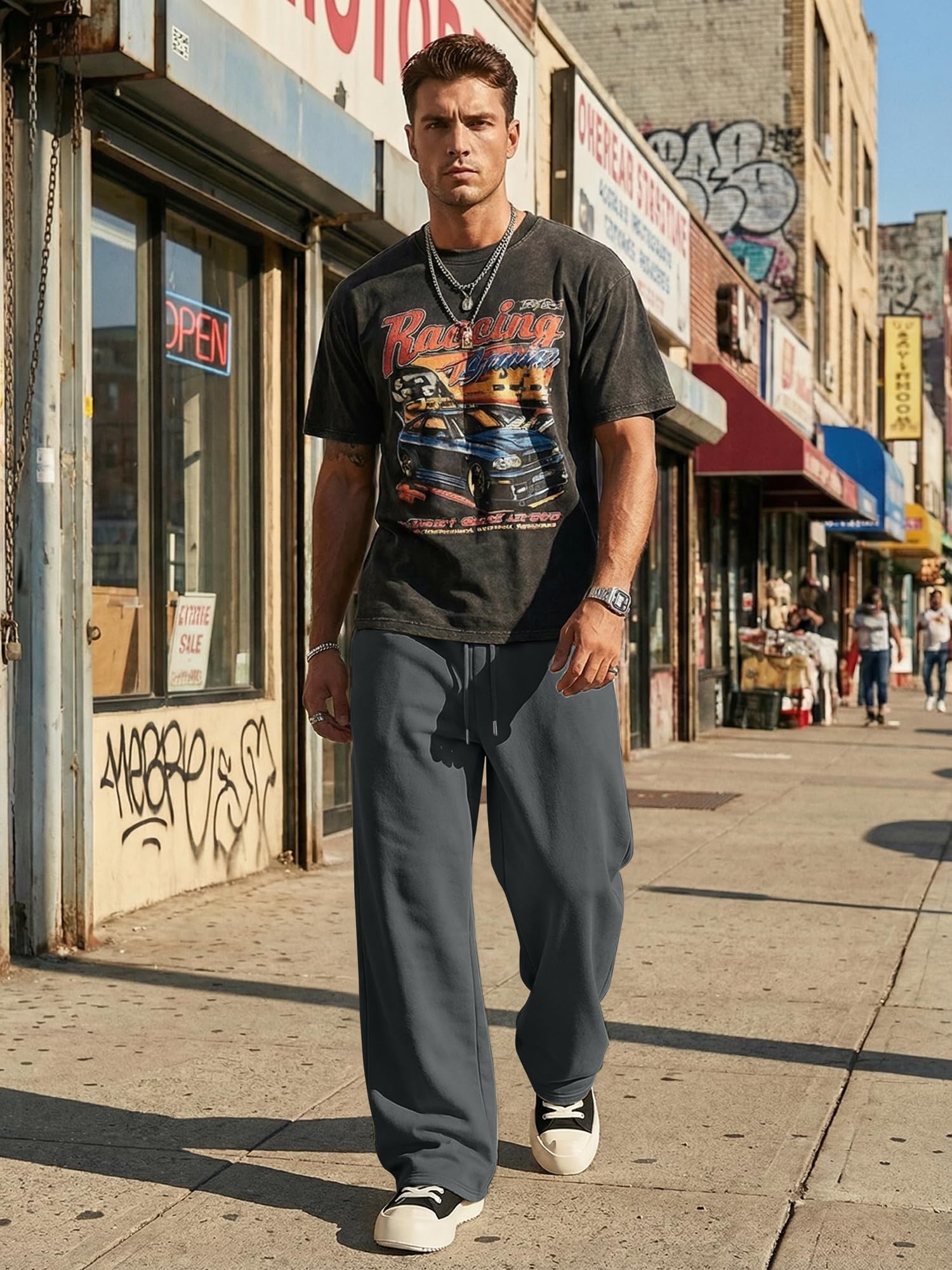 JMIERR Mens Baggy Sweatpants Drawstring Wide Leg Sweatpants with Pockets Mens Fashion Streetwear Colthing, XL, Dark Grey