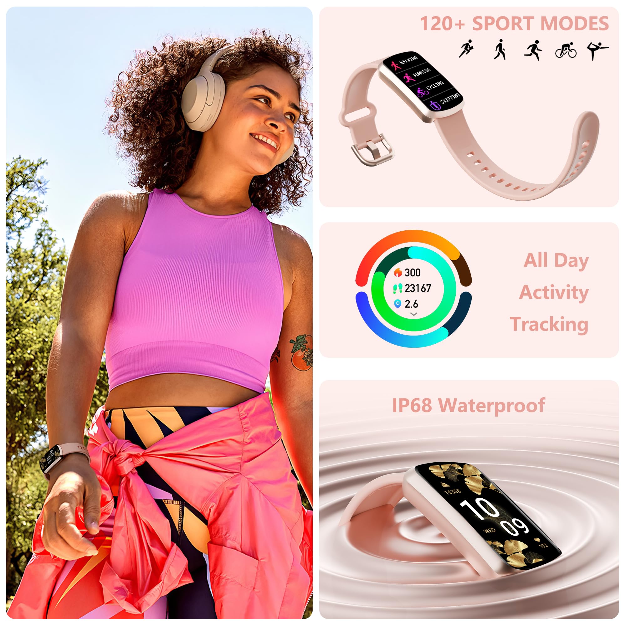 JYUAJOI Health Fitness Tracker, Smart Watch with 24/7 Heart Rate and Blood Pressure Monitor, Activity Tracker with Blood Oxygen, 120 Sport Mode Waterproof Sleep Tracker for Women Men (Pink)