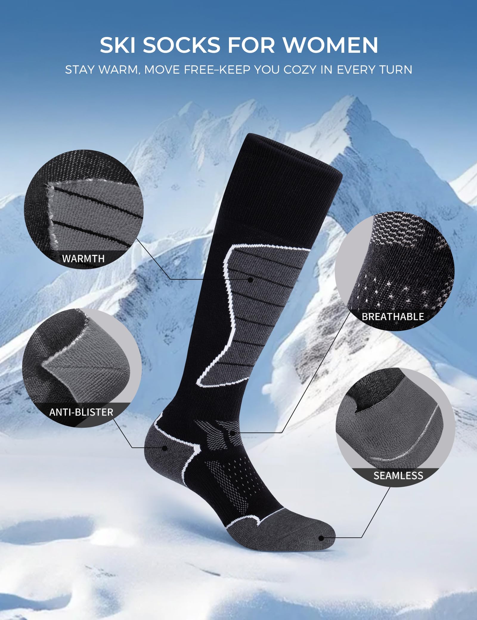 CS CELERSPORT Women's Merino Wool Ski Socks, 2 Pack Thermal Warm Winter Thick Knee High Snowboarding Skiing Socks, Black+Dark Grey, Medium