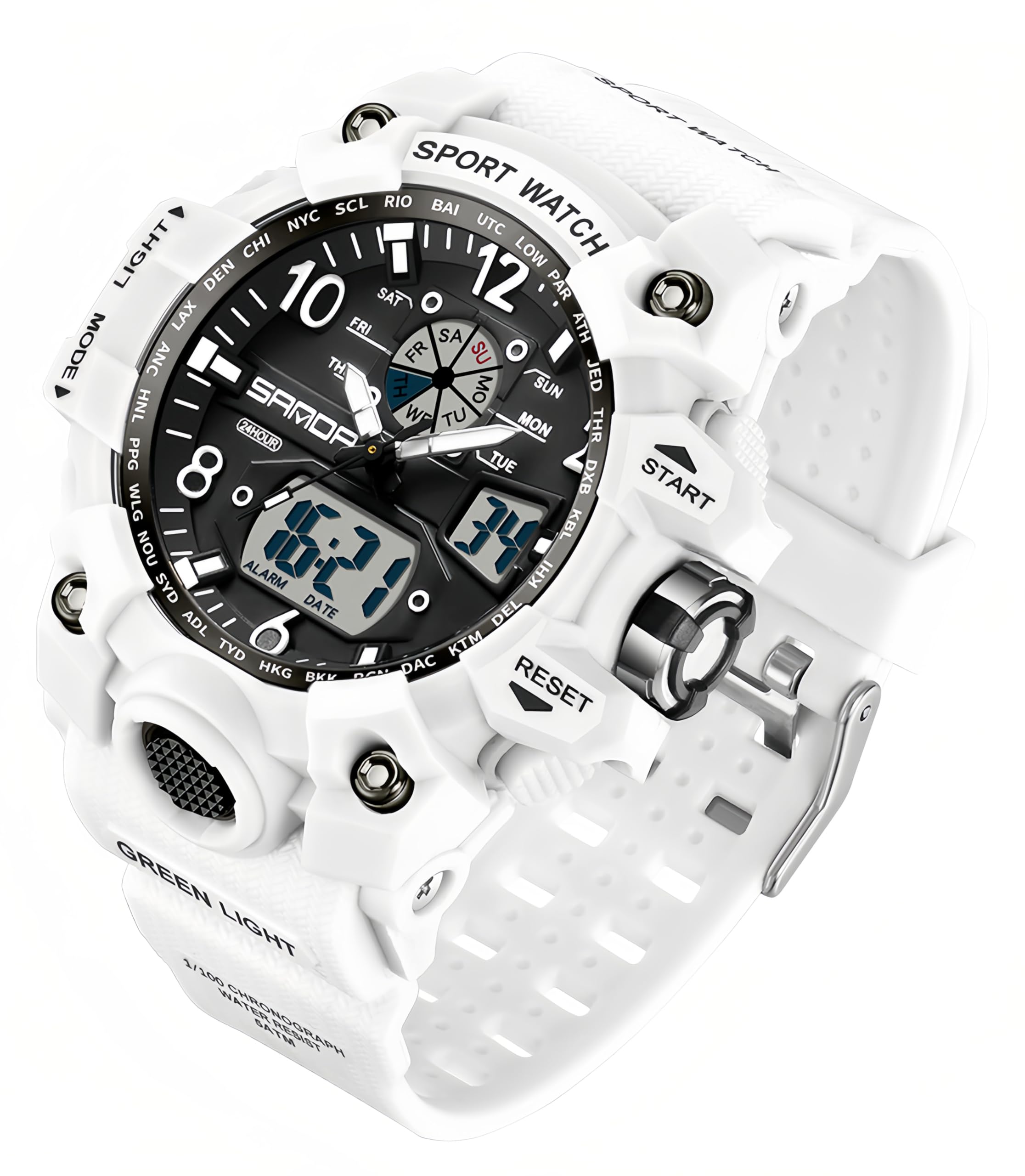 Gosasa Womens Digital Sports Watch 5ATM Waterproof Watch LED Light Large Face Analog Multifunctional Wrist Watches with Alarm Stopwatch Calendar Hourly Chime (White)