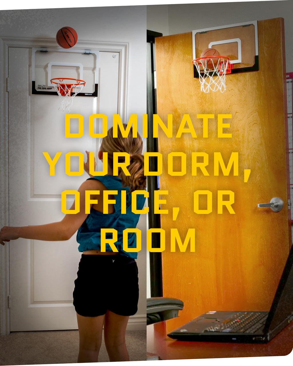 SKLZ Pro Mini Basketball Hoop - 18" x 12" Clear, Shatterproof Backboard, Breakaway Rim, Heavy Duty Net, & 5" Ball - Easy Mount Padded, Slide-On Over-Door Mounts - Suitable for Office, Dorm, Bedroom