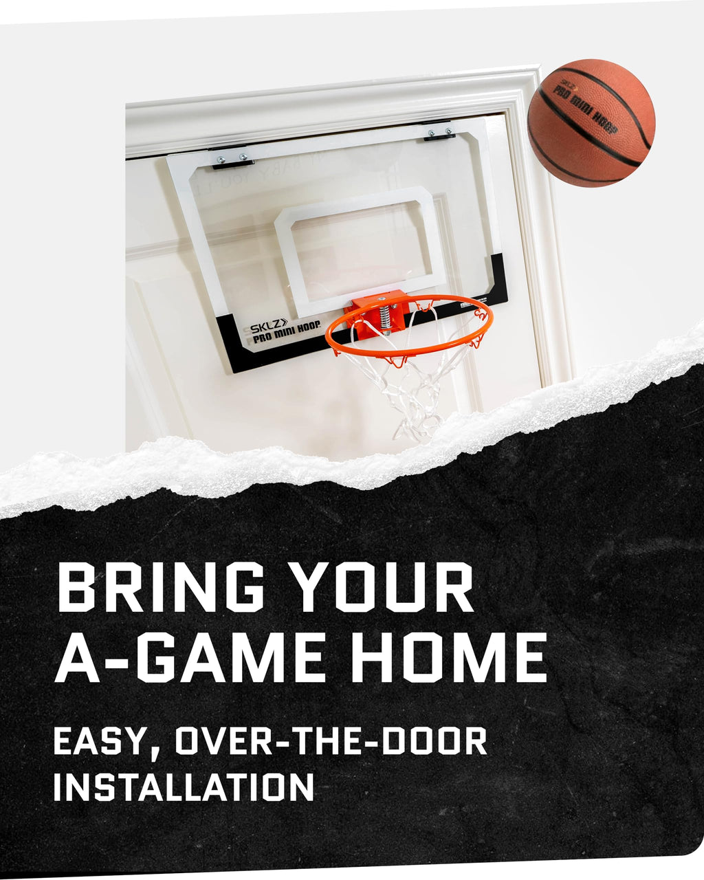 SKLZ Pro Mini Basketball Hoop - 18" x 12" Clear, Shatterproof Backboard, Breakaway Rim, Heavy Duty Net, & 5" Ball - Easy Mount Padded, Slide-On Over-Door Mounts - Suitable for Office, Dorm, Bedroom