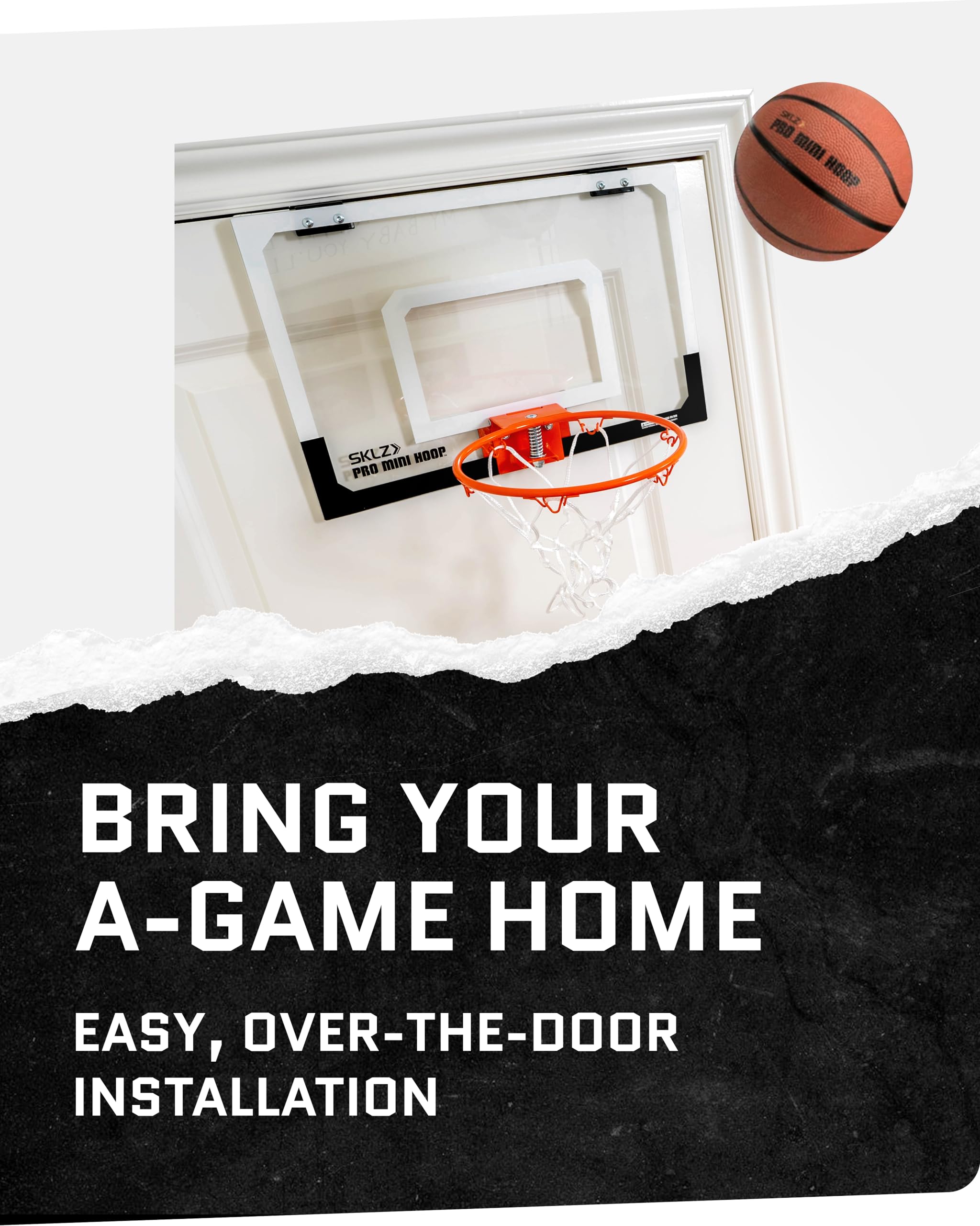 SKLZ Pro Mini Basketball Hoop - 18" x 12" Clear, Shatterproof Backboard, Breakaway Rim, Heavy Duty Net, & 5" Ball - Easy Mount Padded, Slide-On Over-Door Mounts - Suitable for Office, Dorm, Bedroom