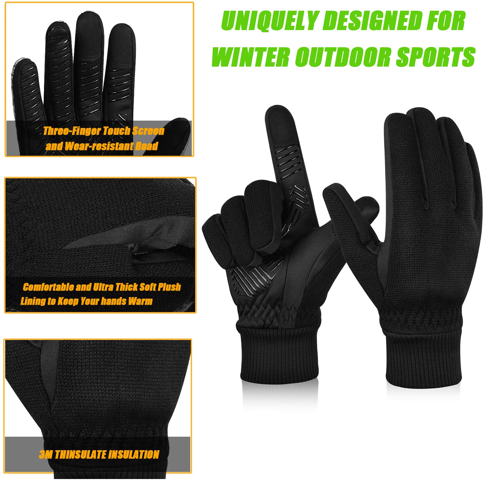 MOREOK Winter Gloves for Men/Women -10°F 3M Thinsulate Warm Touch Screen Snow Ski Bicycle Bike Gloves for Driving/Cycling/Running/Hiking-Black-XL