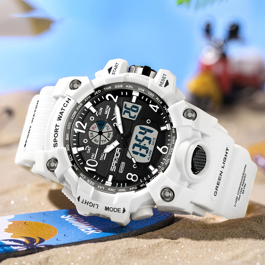 Gosasa Womens Digital Sports Watch 5ATM Waterproof Watch LED Light Large Face Analog Multifunctional Wrist Watches with Alarm Stopwatch Calendar Hourly Chime (White)