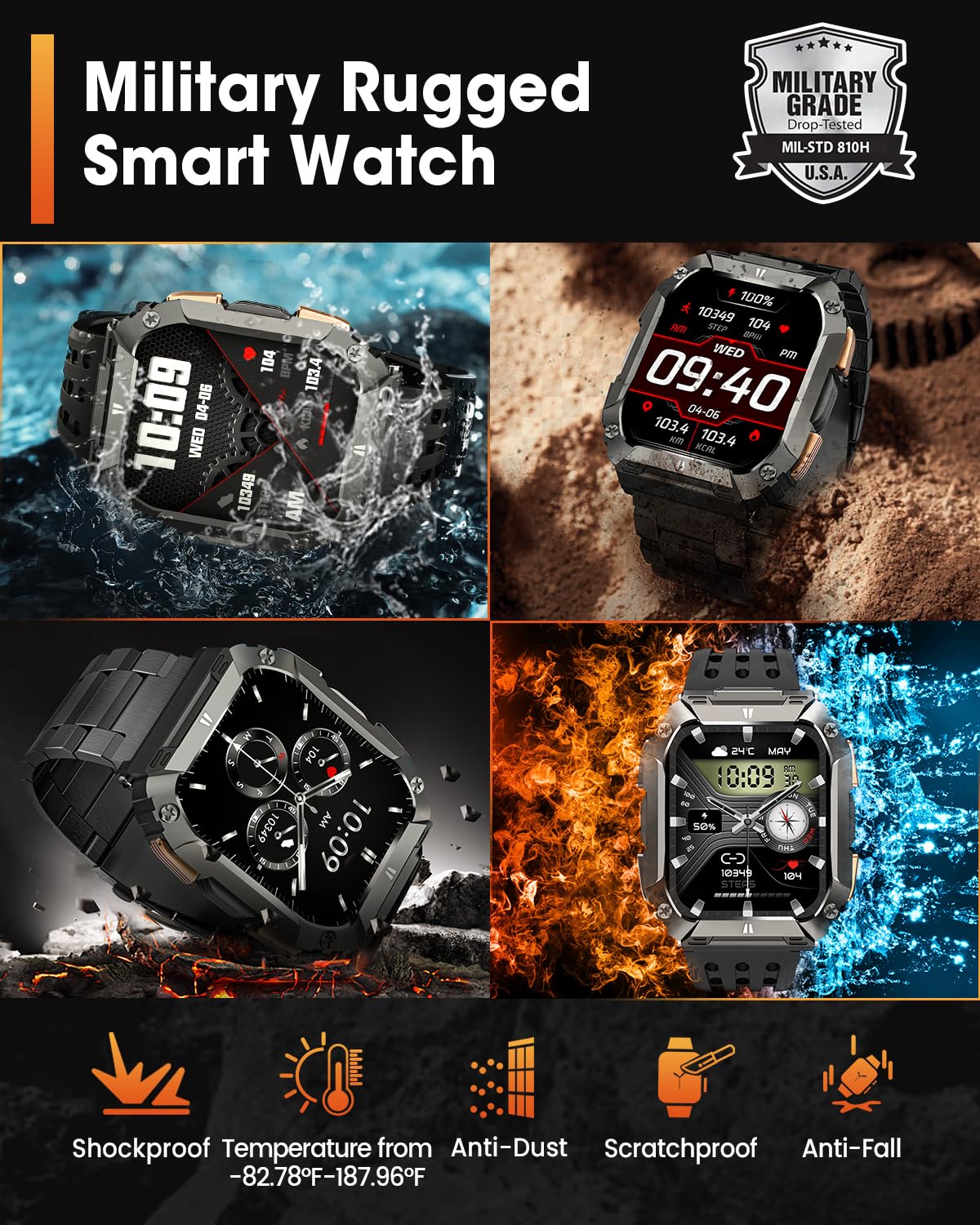 Military Smart Watches for Men, 1.95'' Smart Watch with 100 Days Battery/Flashlight, Fitness Tracker Watch with Heart Rate/Sleep Monitor/100+ Sports Mode,5 ATM Rugged Smartwatch for Android and iPhone